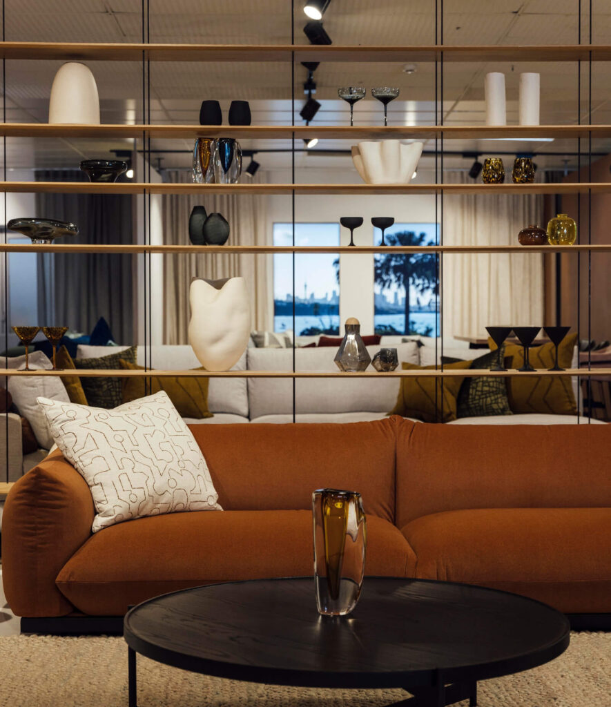 Sofa, table and shelving in luxury home